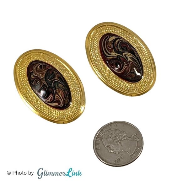 Vintage Oval Red & Cream Enamel Swirls Gold Tone Earrings - Picture 3 of 8